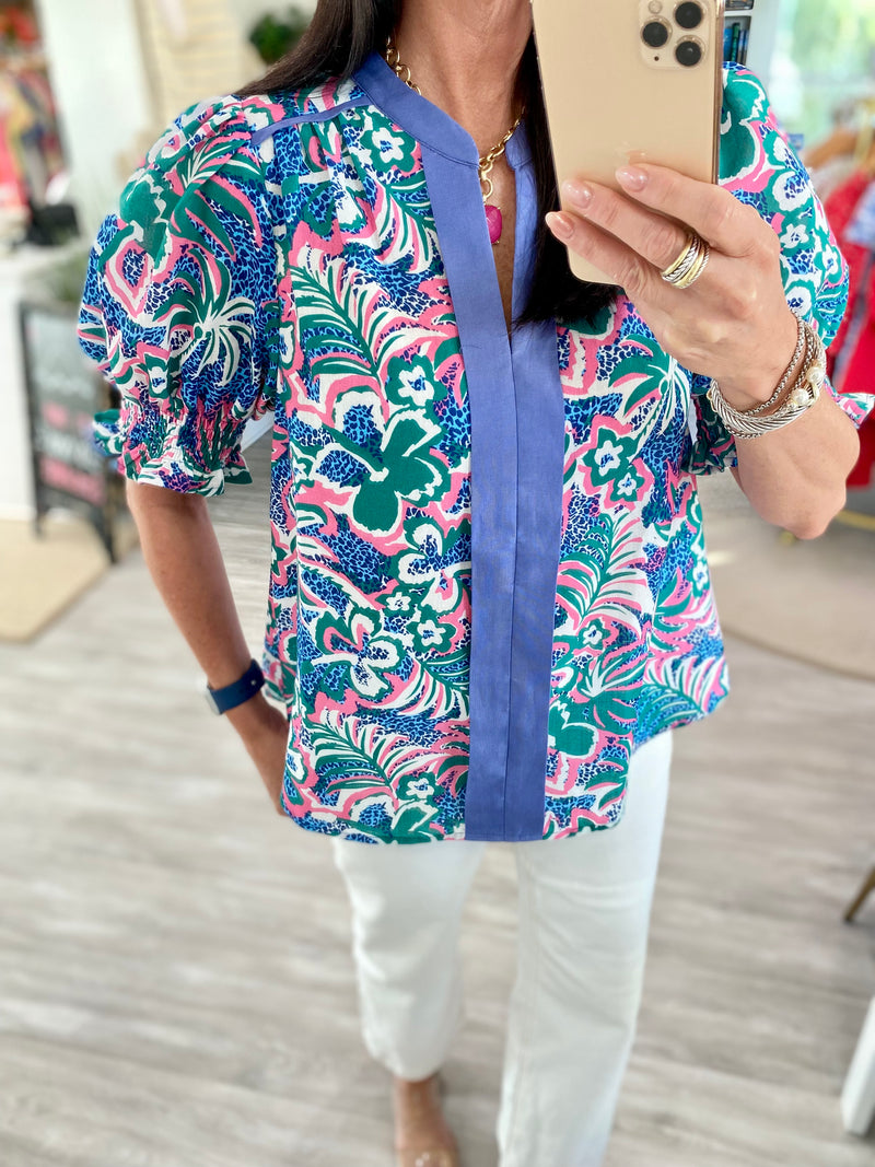Mixed Print Center Seam Puff Sleeve Top
