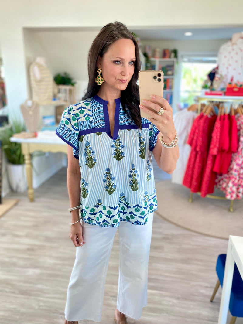 THML Mixed Floral Print Split Neck Short Sleeve Top