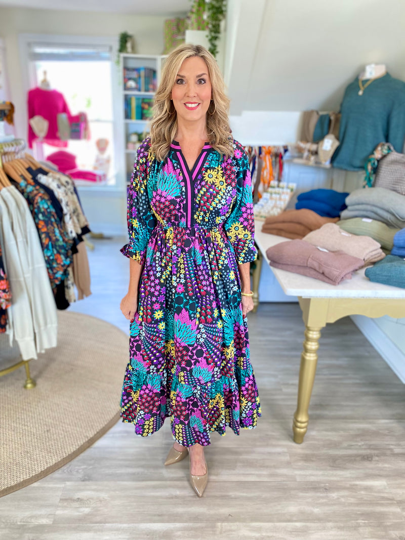 Floral Print V-Neck Midi Dress