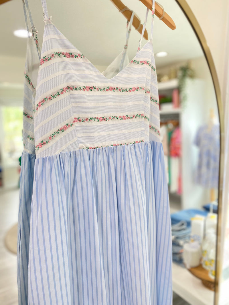 Floral Embroidery And Stripe Mix Cami Midi Dress