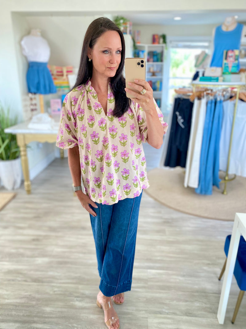 Floral Print Puff Sleeve V Neck Top