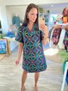 V-Ruffle Neck Mandala Jaquard Dress
