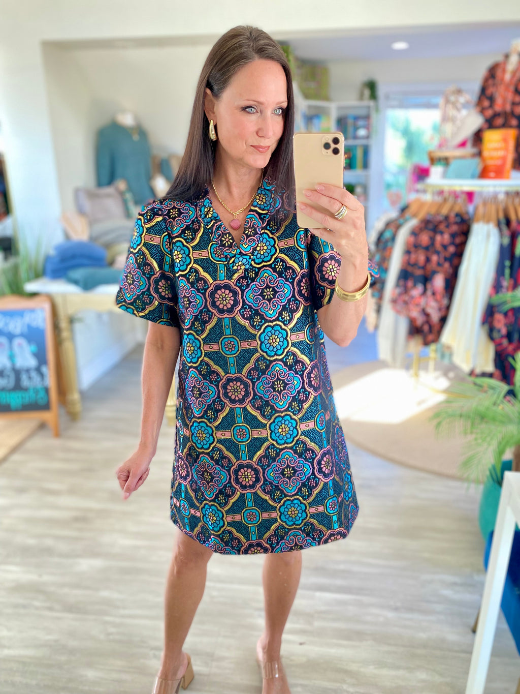 V-Ruffle Neck Mandala Jaquard Dress