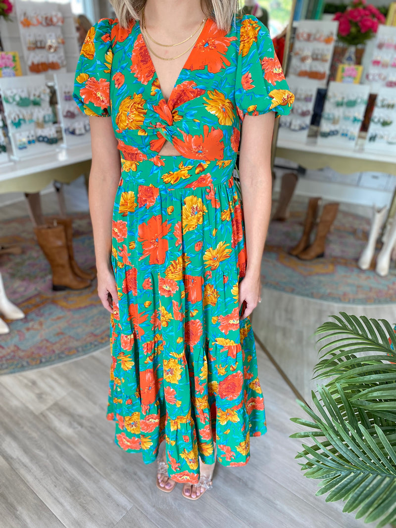 Floral Print Puff Sleeve Midi Dress