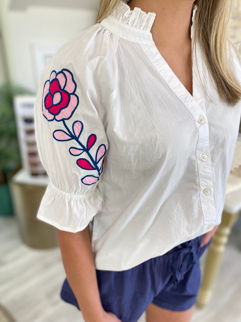 THML Embroidered Flower Sleeve Top