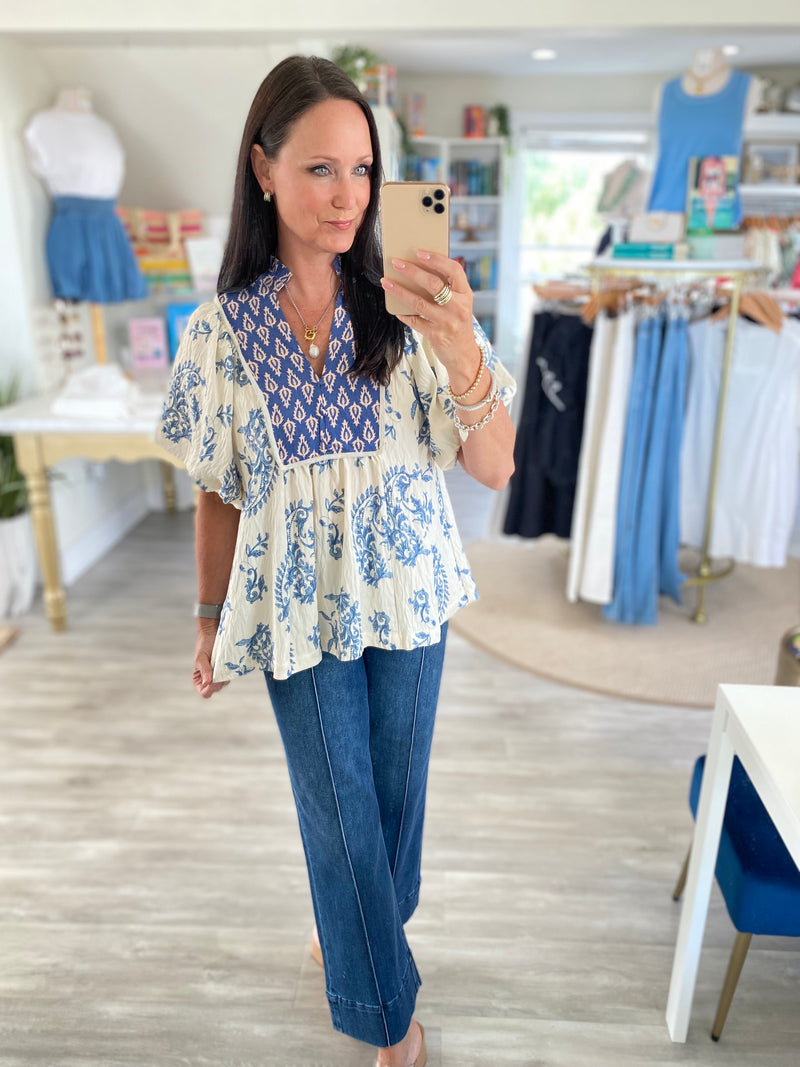 Boho Print Puff Sleeve Blouse