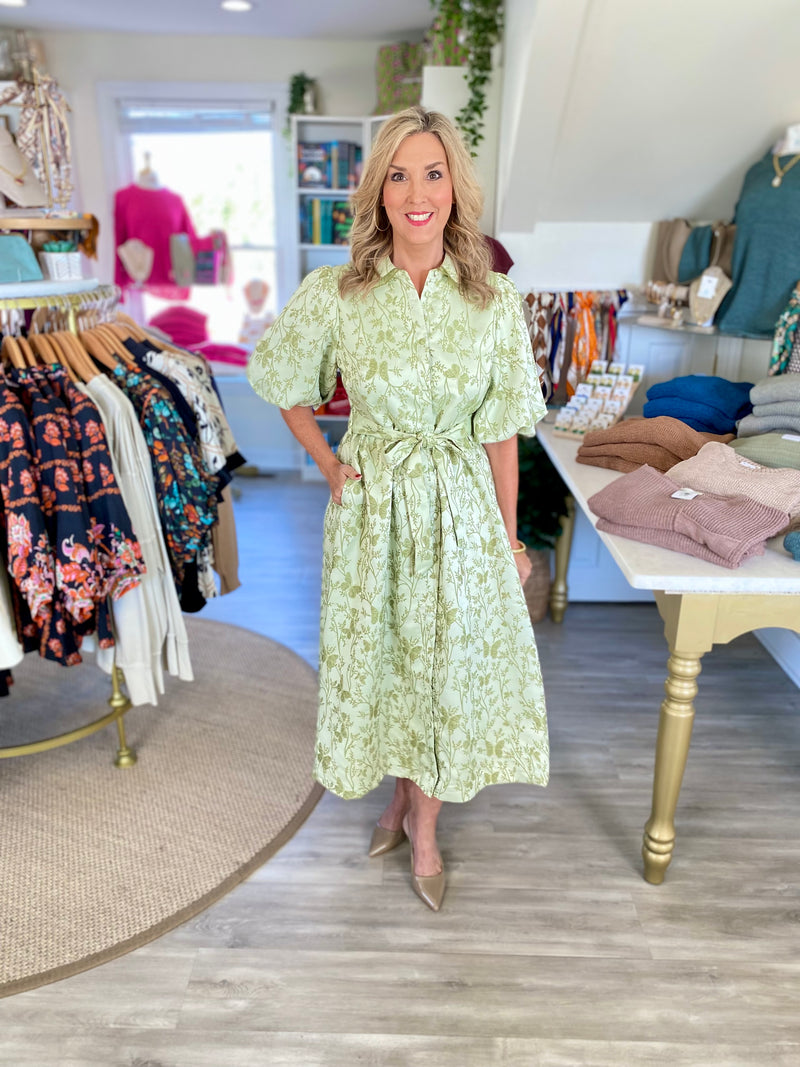 Floral Jacquard Button Front Tie Waist Midi Dress