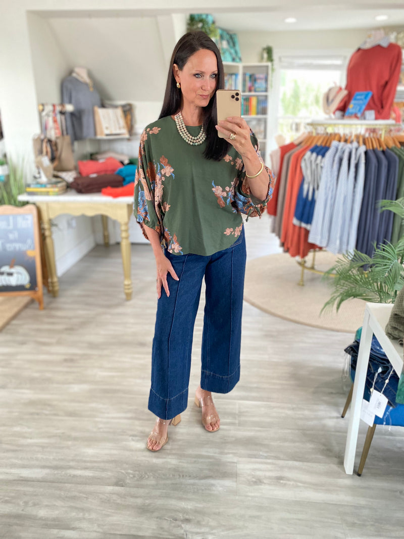 Botanical Print Dropped Shoulder 3/4 Sleeve Top