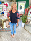 Embroidered 3/4 Puff Sleeve Top