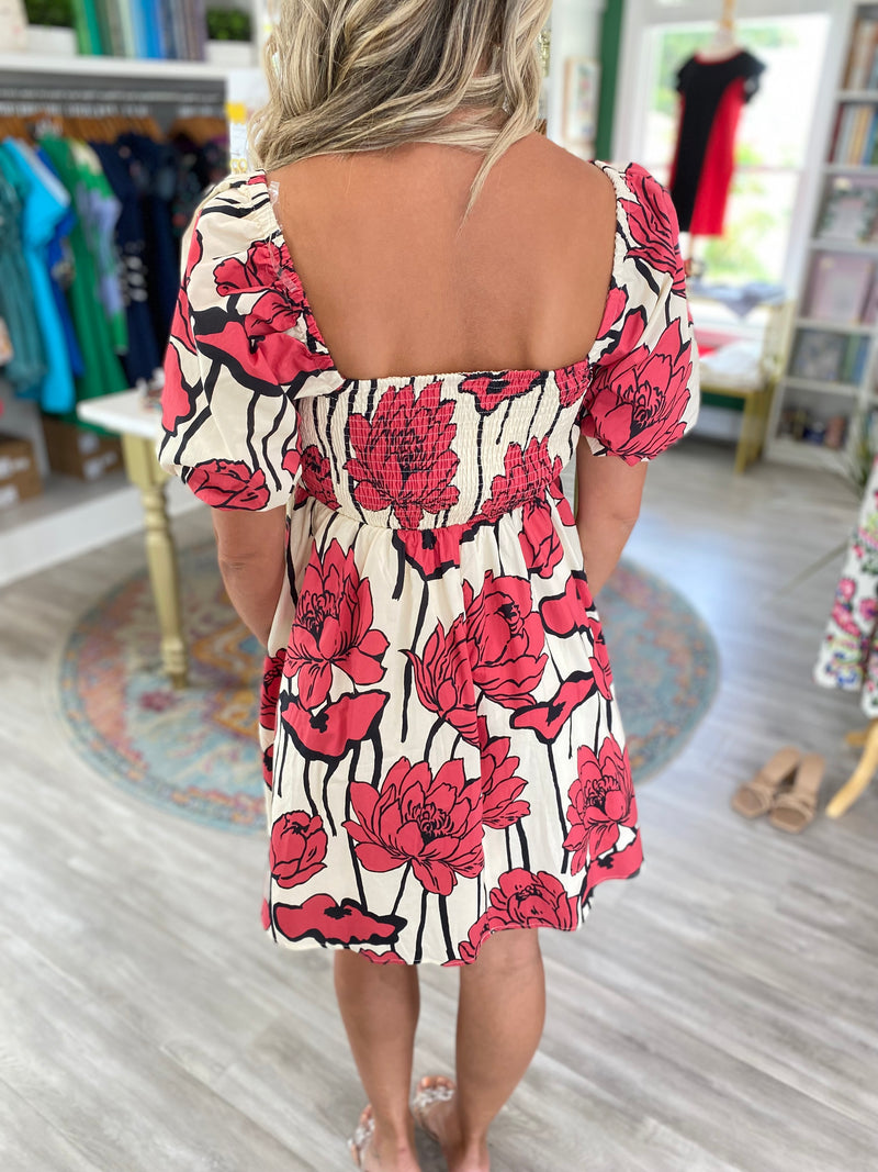 Bold Floral Print Scalloped Bust Dress