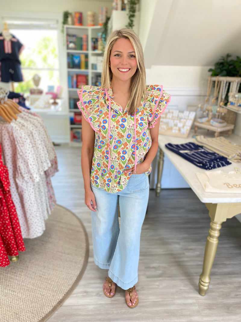 Floral Print Double Ruffle Sleeve Top