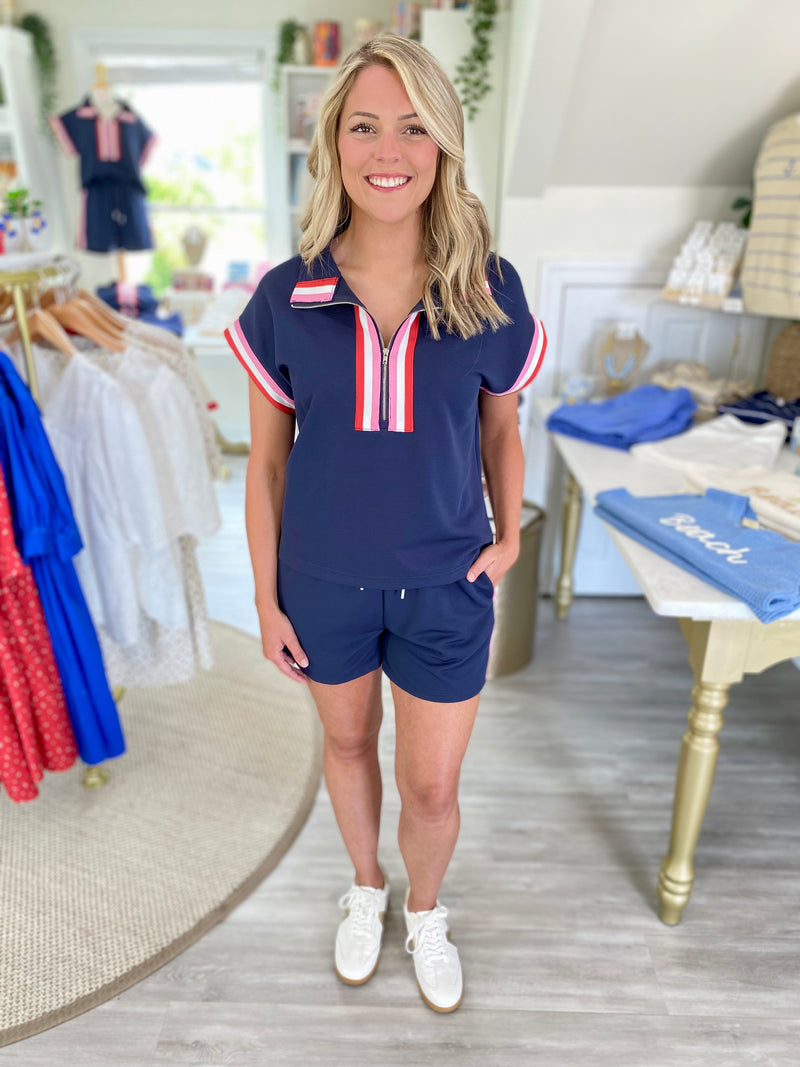 Ribbed Knit Ribbon Stripe Short Set