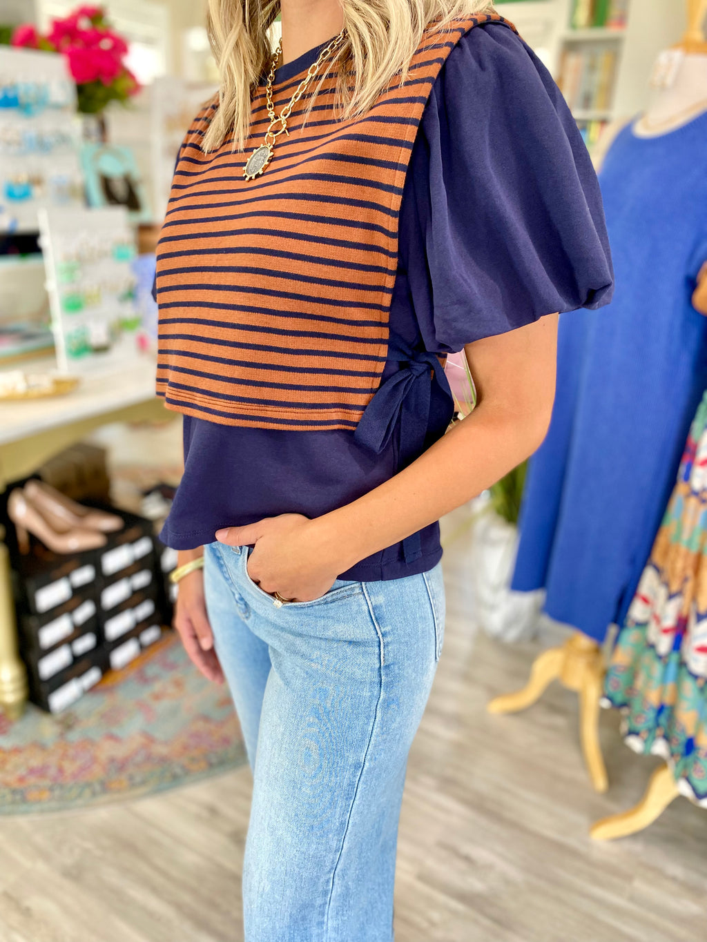 Twofer Stripe Side Tie Top