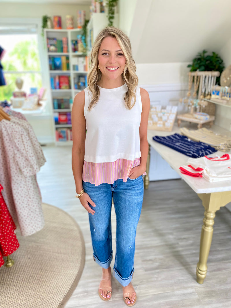 Mixed Material Sleeveless Ruffle Hem Top