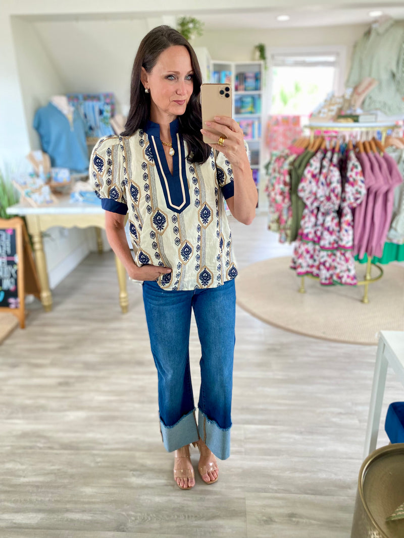 Embroidered Caftan Inspired Short Sleeve Top