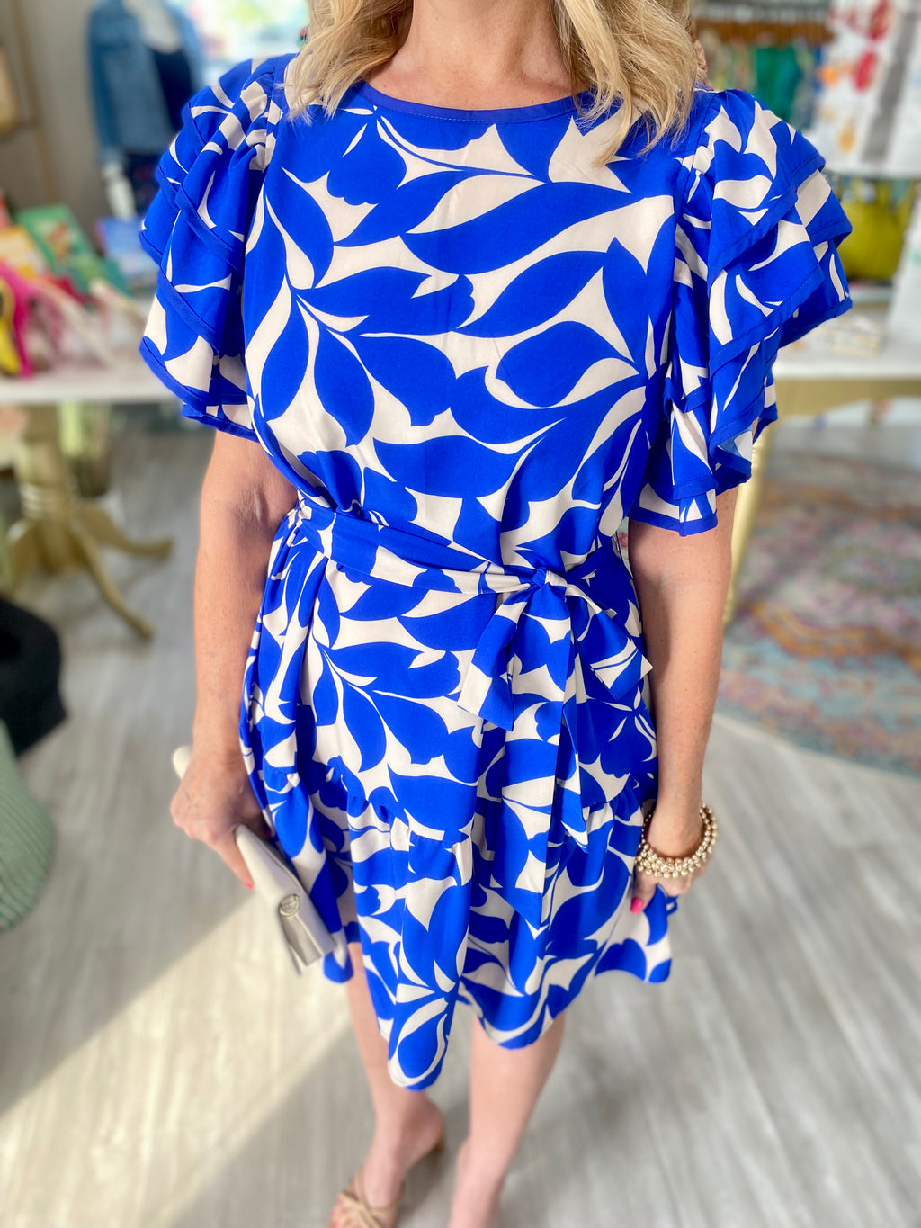 Two Tone Floral Print Dress with Layered Ruffle Sleeves