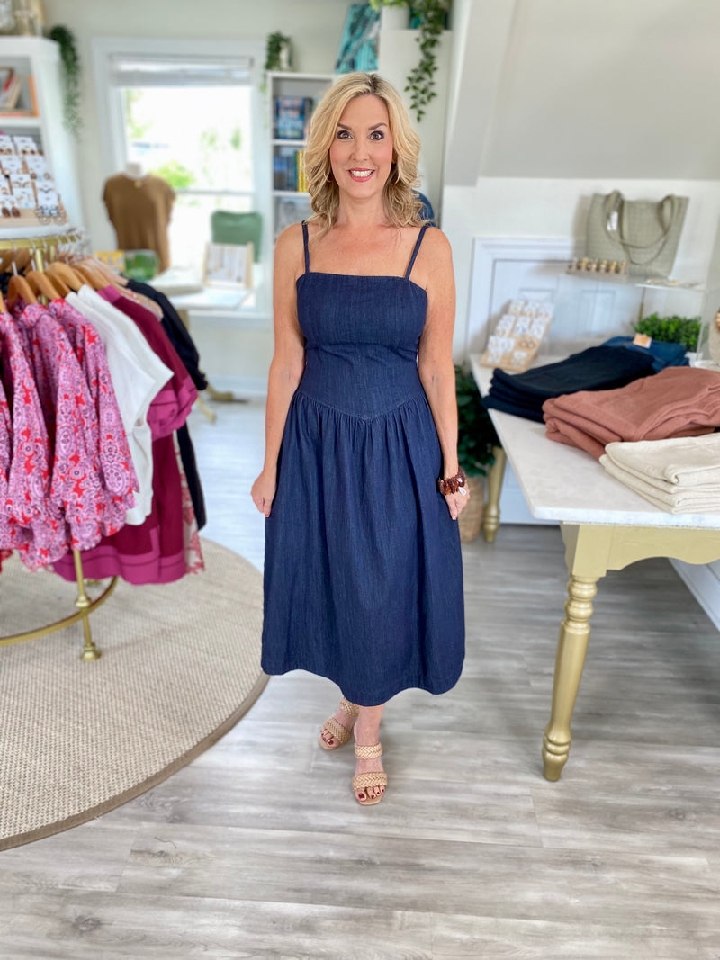 Denim Midi Dress with Adjustable Straps