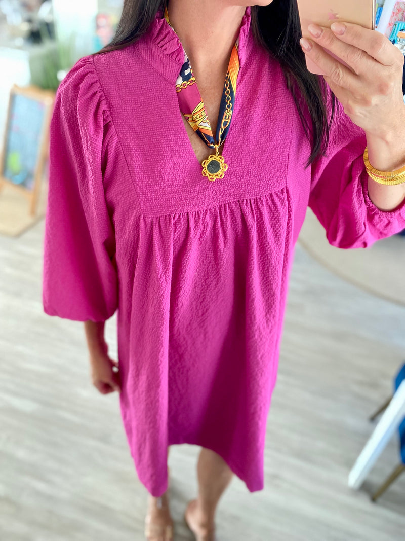 Textured Puff Sleeve Babydoll Dress