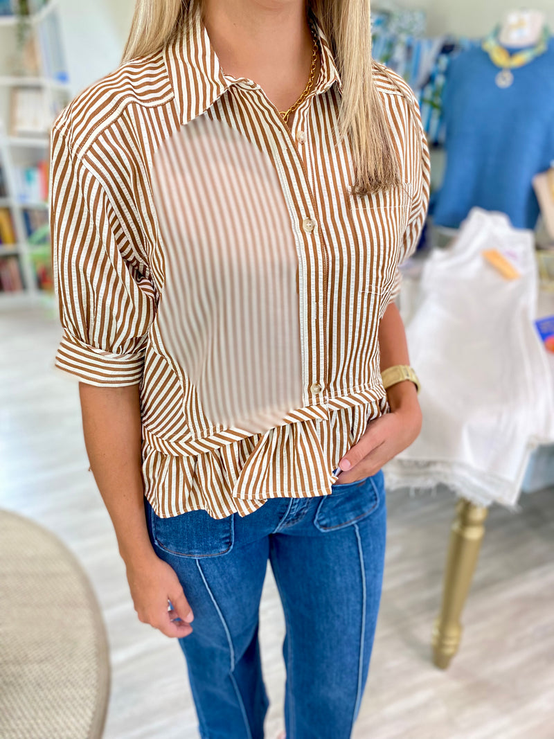 Stripe 3/4 Sleeve Ruffle Hem Top
