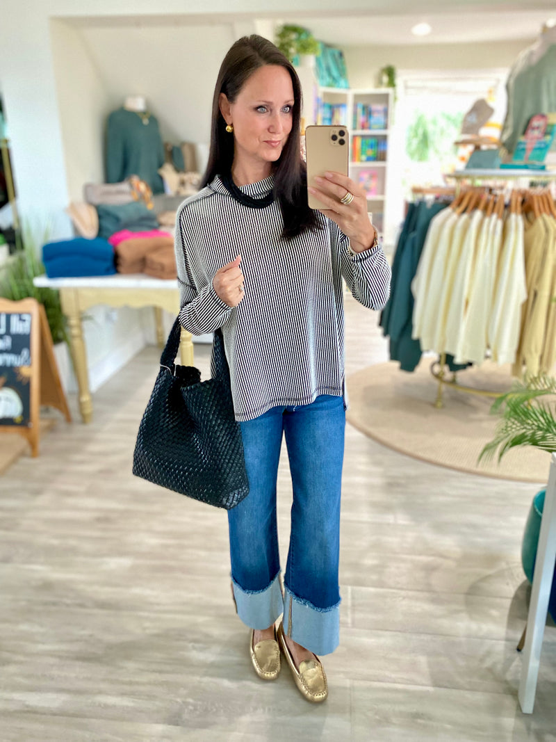 Ribbed Raw Edge Boat Neck Long Sleeve Top