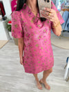 Ruffled Neck Floral Jacquard Shift Dress