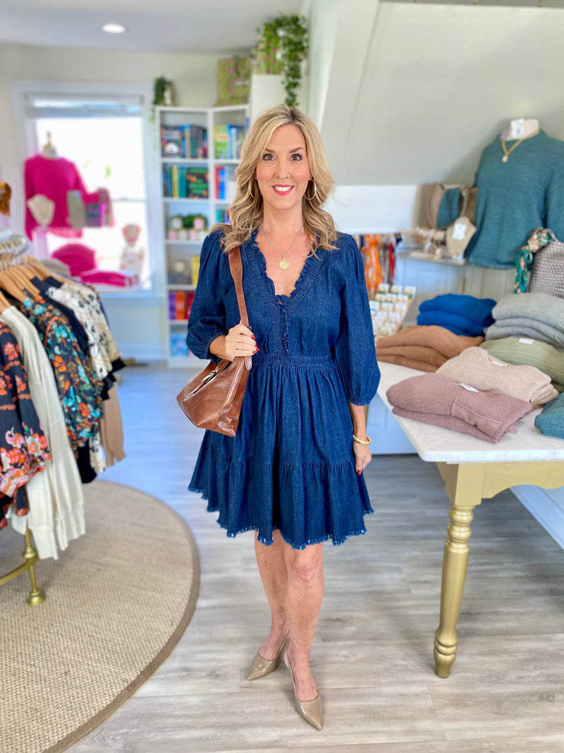 Denim Ruffle Trim Tiered Mini Dress