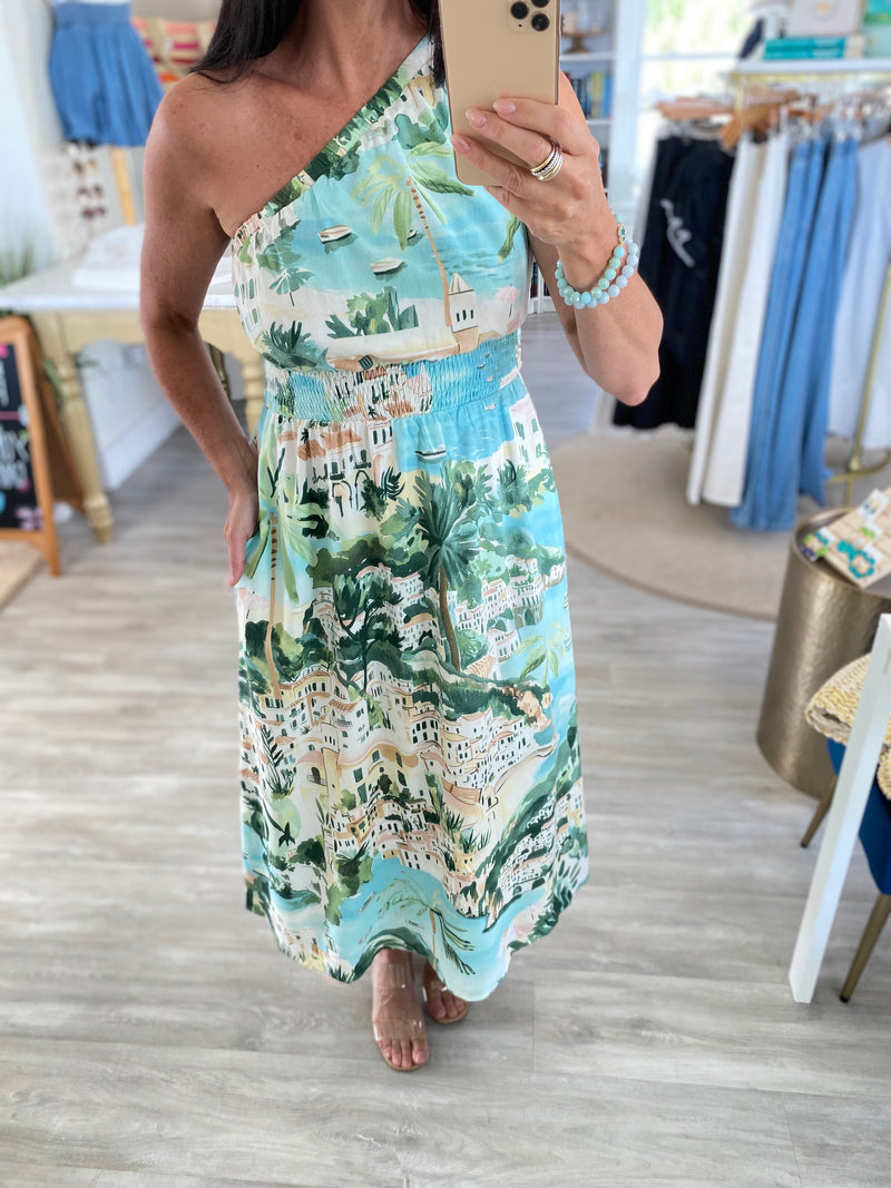 Islay One Shoulder Smocked Waist Midi Dress