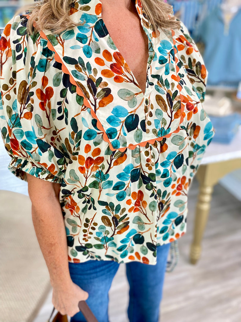 Floral Print Dolman Sleeve V Neck Top