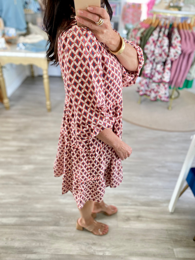 Geometric Print Collared Long Sleeve Mini Dress