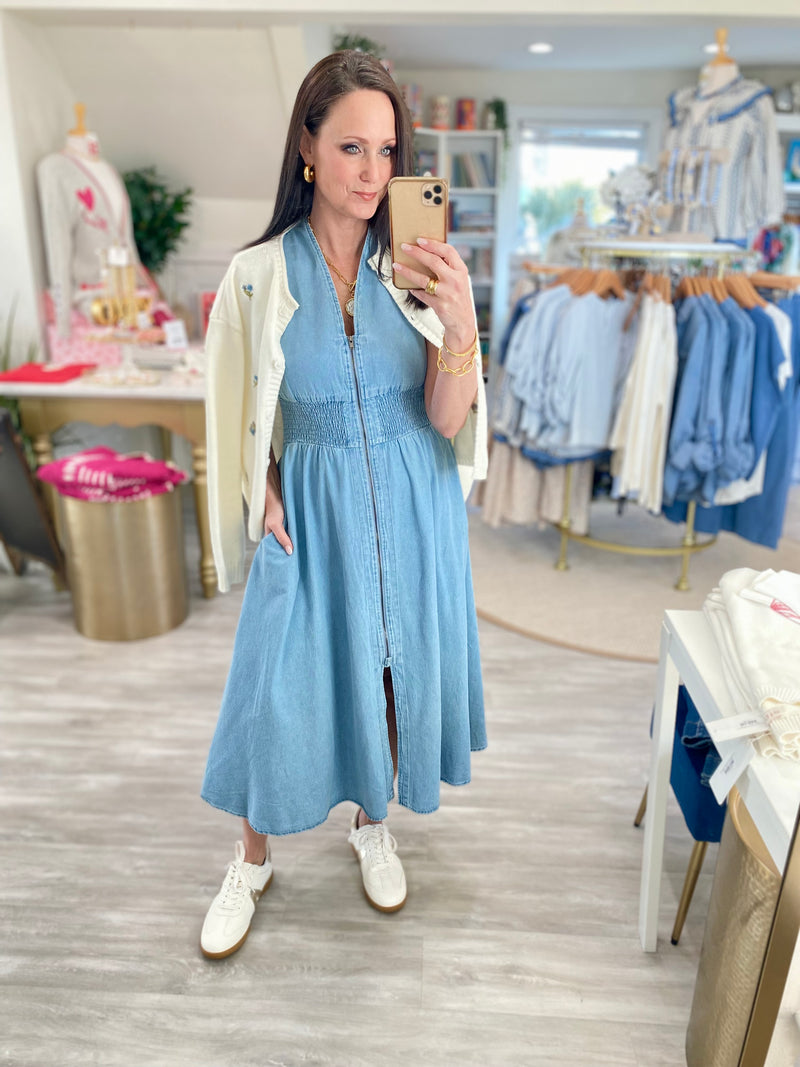 Zipper Front Sleeveless Denim Dress