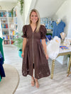 Short Puff Sleeve Zipper Front Cutout Hem Midi Dress