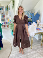 Short Puff Sleeve Zipper Front Cutout Hem Midi Dress
