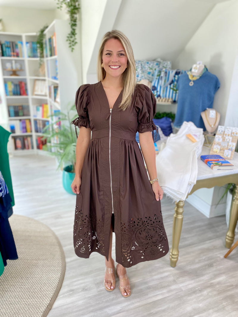 Short Puff Sleeve Zipper Front Cutout Hem Midi Dress