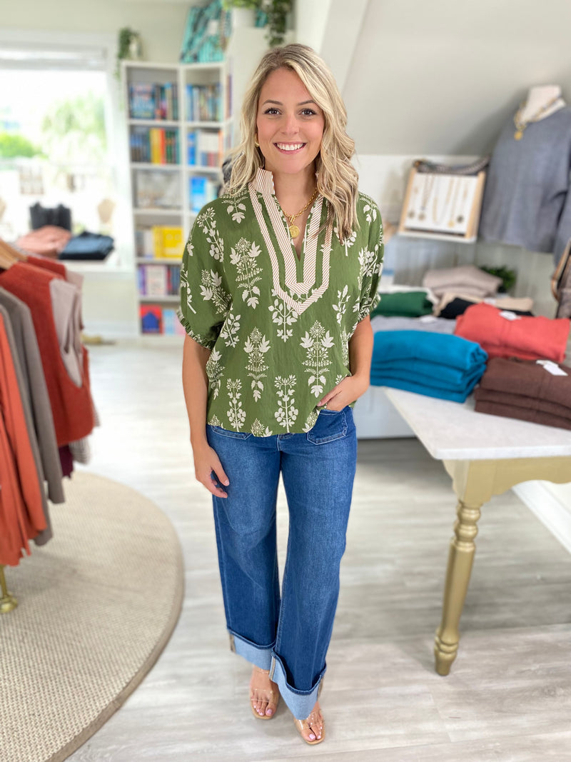Botanical Print Stripe Trim Dolman Sleeve Top