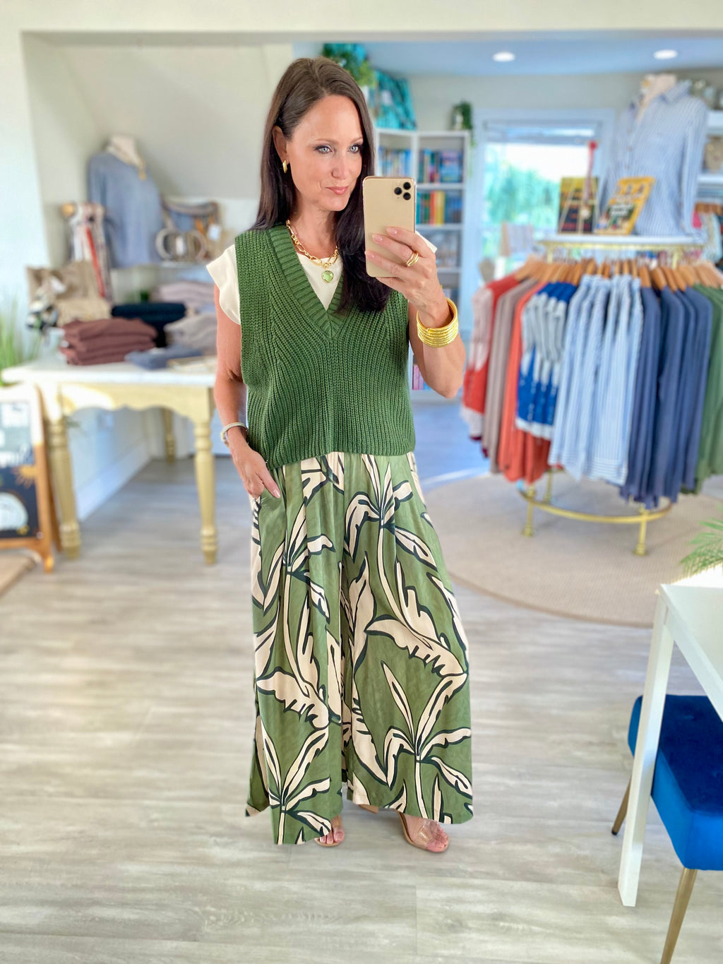 Tropical Leaf Print Wide Leg Pants