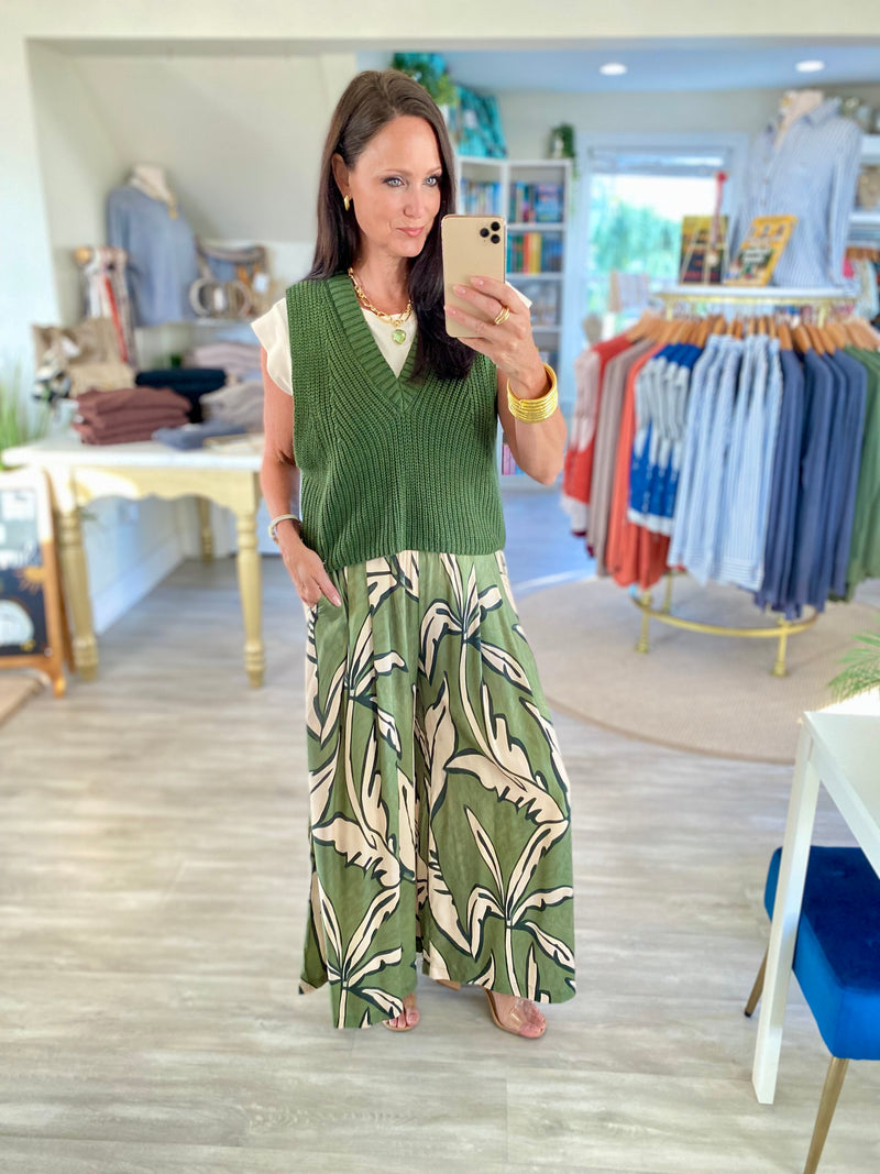 Tropical Leaf Print Wide Leg Pants