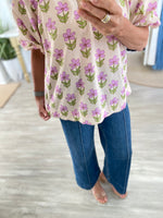 Floral Print Puff Sleeve V Neck Top