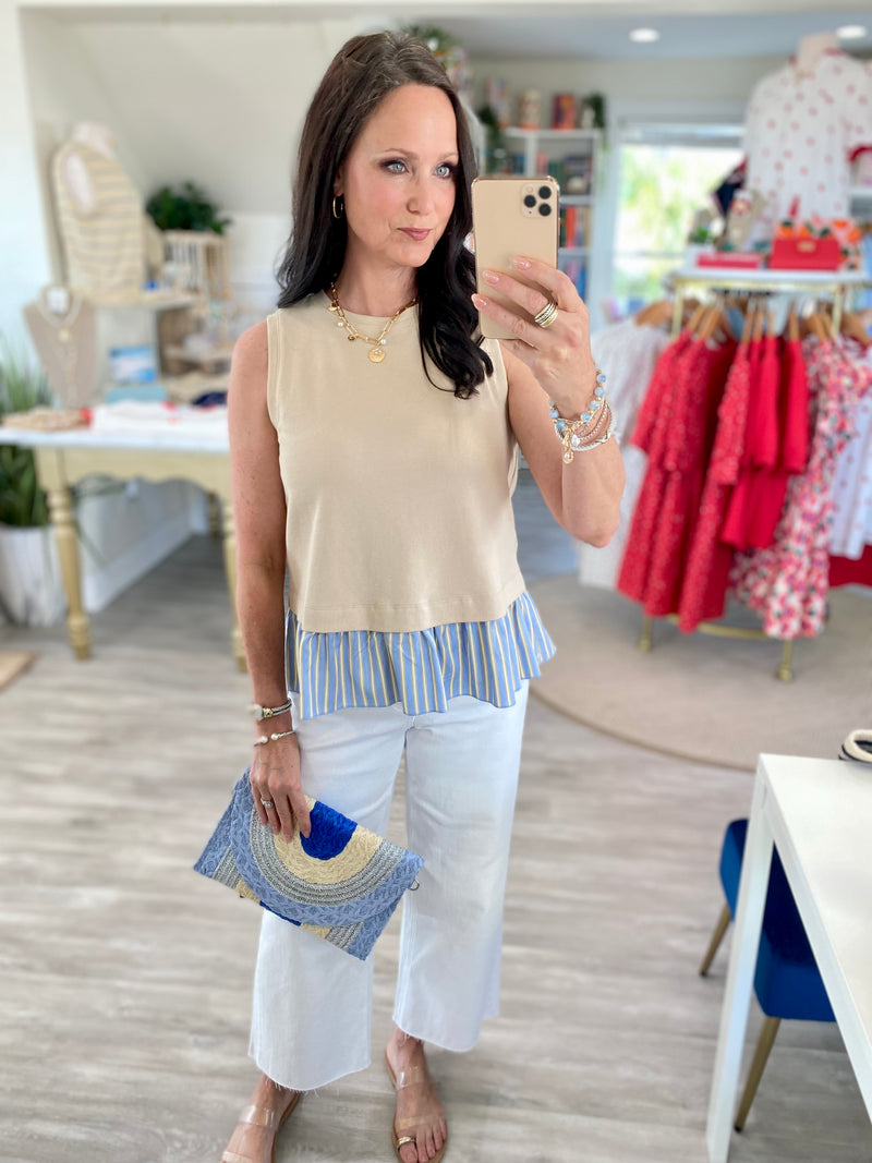 Mixed Material Sleeveless Ruffle Hem Top