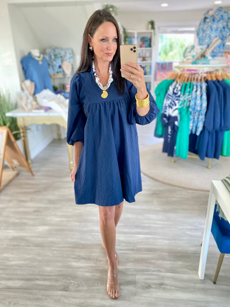 Textured Puff Sleeve Babydoll Dress