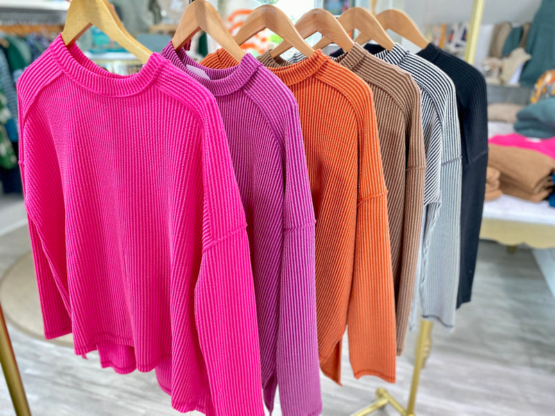 Ribbed Raw Edge Boat Neck Long Sleeve Top