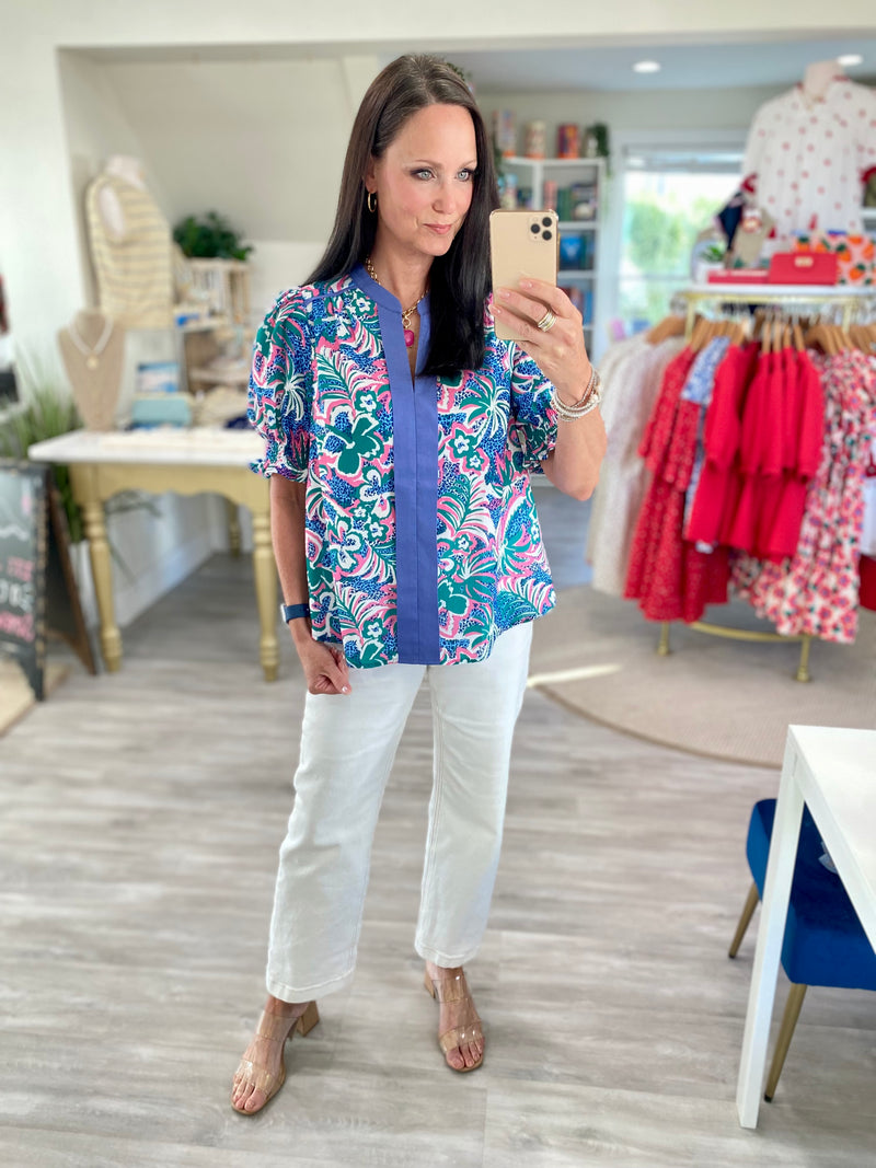 Mixed Print Center Seam Puff Sleeve Top