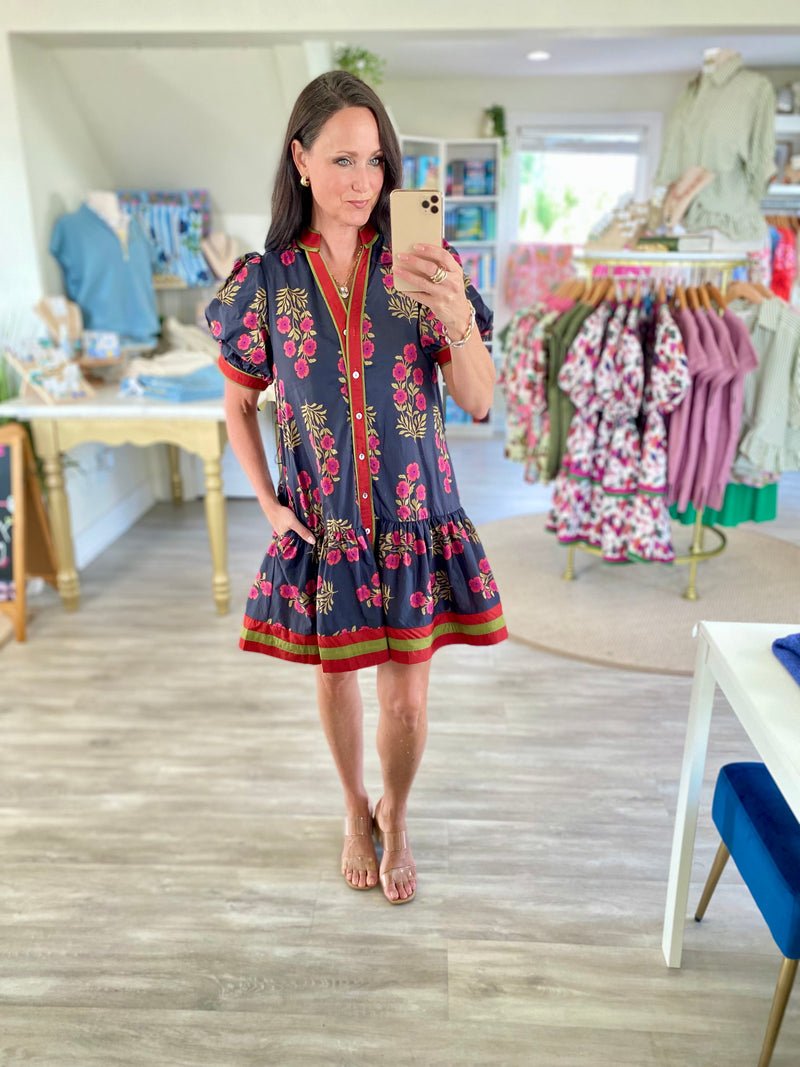 Floral Print Contrast Stripe Tie Waist Mini Dress
