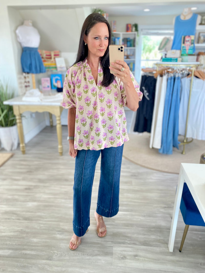 Floral Print Puff Sleeve V Neck Top