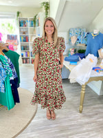 Floral Print Button Bust Short Puff Sleeve Midi Dress
