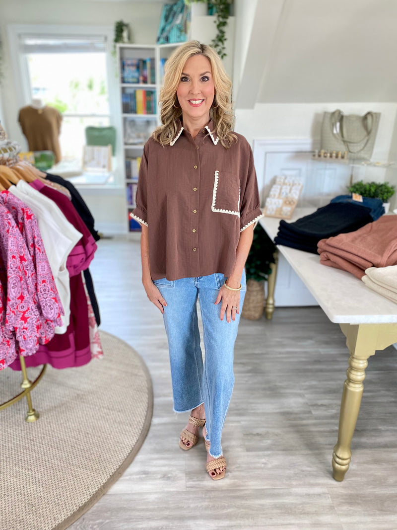 Scalloped Trim Dolman Sleeve Button Down Top