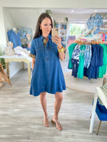 Animal Print Trim Denim Mini Dress