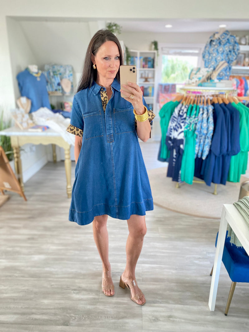 Animal Print Trim Denim Mini Dress