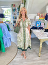 Border Print Flutter Sleeve Elastic Waist Midi Dress