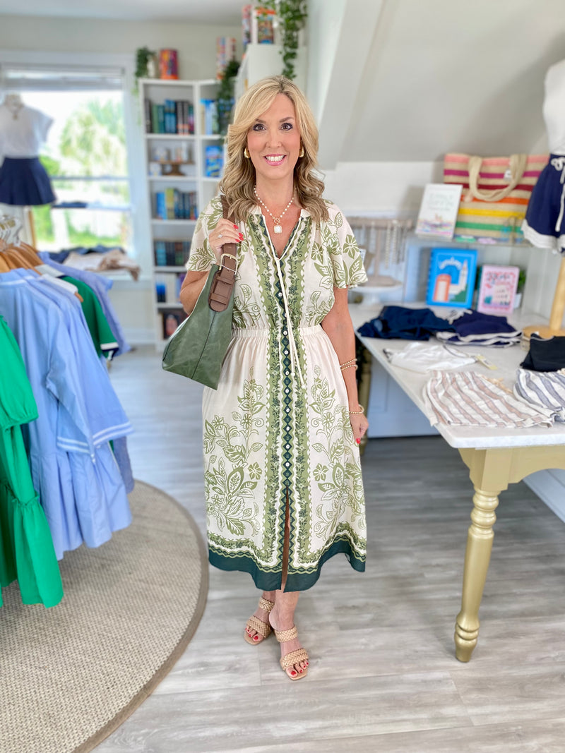 Border Print Flutter Sleeve Elastic Waist Midi Dress