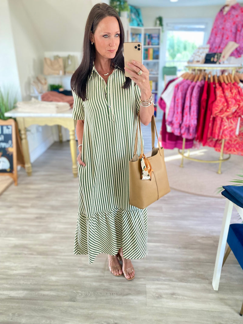 Stripe Seersucker Short Sleeve Button Down Midi Dress